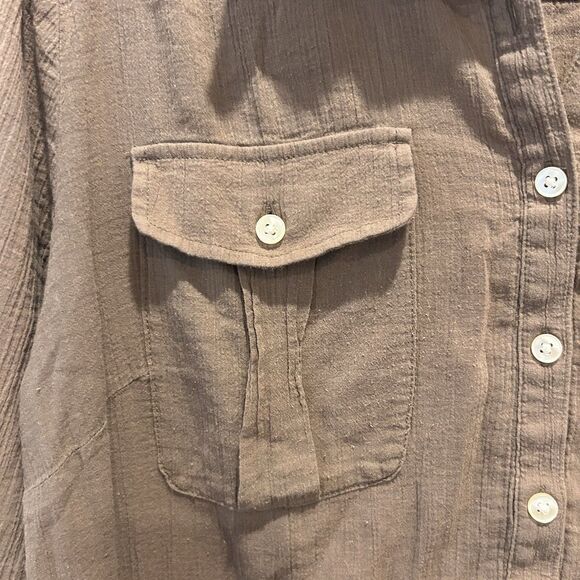 NY&C Large Brown Semi Sheer Button Up Shirt Roll Tab Sleeve Top Career Beachy - Picture 2 of 9